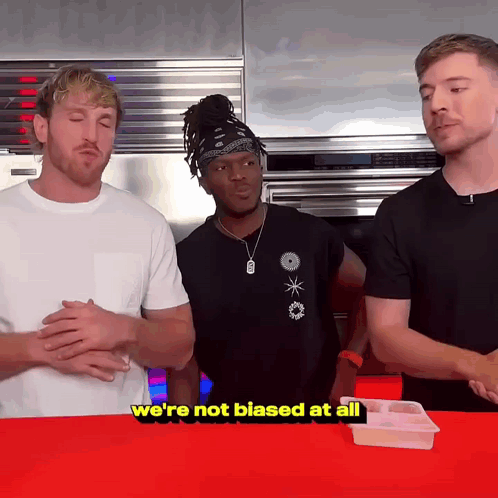 Three Men Standing Next To Each Other With The Words We 'Re Not Blased At All On The Bottom Right GIF