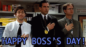 Three Men Standing Next To Each Other With Their Hands On Their Hearts And The Words Happy Boss 'S Day Below Them GIF