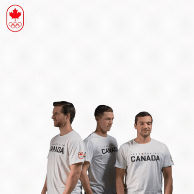 Three Men Wearing Canada T-Shirts Are Waving Their Hands In The Air GIF