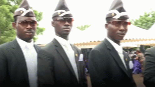 Three Men Wearing Suits And Hats Are Standing Next To Each Other . GIF