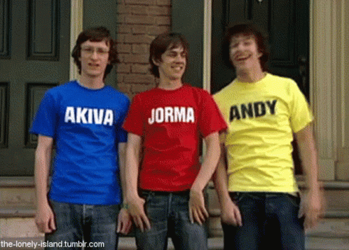 Three Men Wearing T-Shirts With The Names Akiva Jorda And Andy GIF
