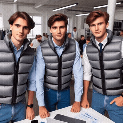 Three Men Wearing Vests Are Standing Next To Each Other GIF