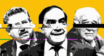 Three Men With Yellow Obscured Faces GIF