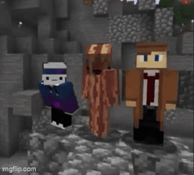 Three Minecraft Characters Are Standing Next To Each Other In A Cave GIF