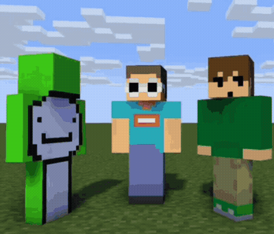 Three Minecraft Characters Are Standing Next To Each Other In A Field . GIF