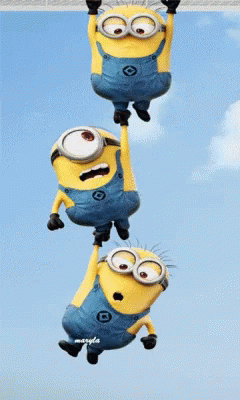 Three Minions Are Hanging From A Rope With The Name Maryla On The Bottom GIF