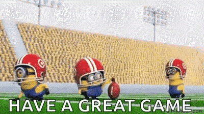 Three Minions Are Playing Football On A Field With The Words `` Have A Great Game '' Above Them . GIF