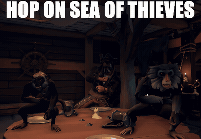 Three Monkeys Standing Around Table Hop On Sea Of Thieves GIF