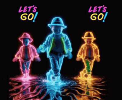 Three Neon Children Are Dancing With The Words Let 'S Go In The Background GIF