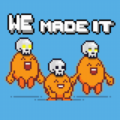Three Orange Characters With Skulls Saying We Made It GIF