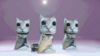 Three Origami Cats Are Standing Next To Each Other On A White Surface GIF