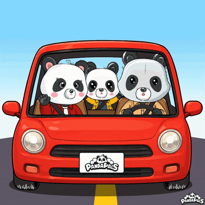 Three Panda Bears Driving Red Car GIF