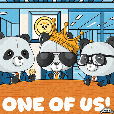 Three Panda Bears Sitting At Table Saying One Of Us GIF