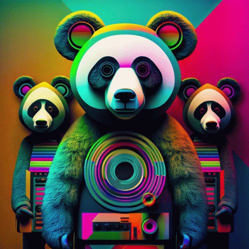Three Panda Bears Standing Next To Record Player GIF