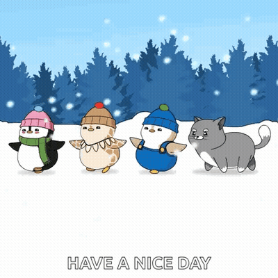 Three Penguins And Cat Dancing In Snow GIF