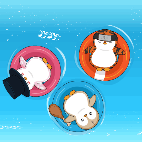 Three Penguins Are Floating In The Water With One Wearing A Top Hat And The Other A Tiger GIF