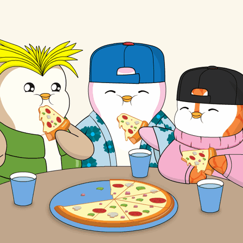 Three Penguins Are Sitting At A Table Eating Pizza And Drinking Water GIF