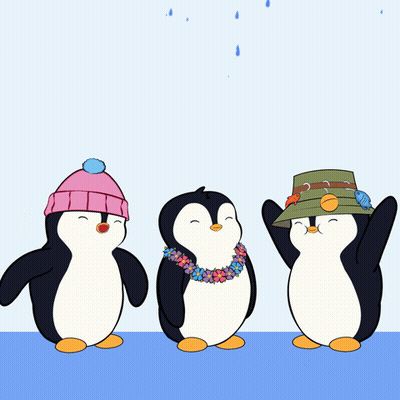 Three Penguins Are Standing In The Rain One Wearing A Pink Hat And One Wearing A Green Hat GIF