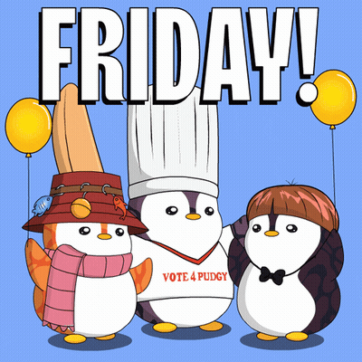 Three Penguins Are Standing Next To Each Other In Front Of A Blue Background That Says Friday GIF