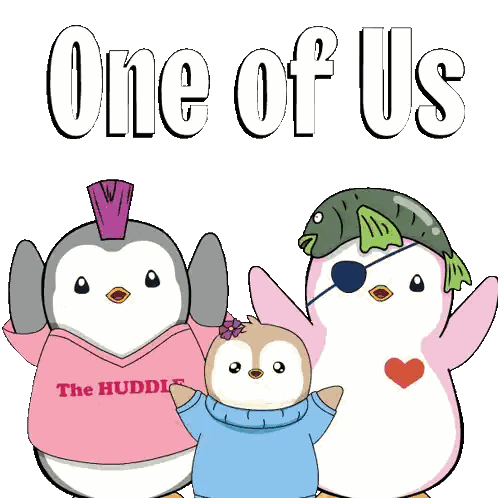 Three Penguins Are Standing Next To Each Other With One Wearing A Shirt That Says One Of Us Sticker