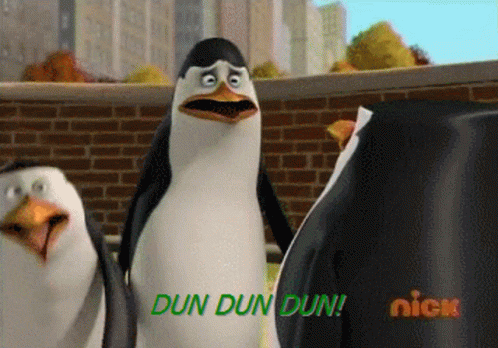 Three Penguins Are Standing Next To Each Other With The Words Dun Dun Dun On The Bottom GIF