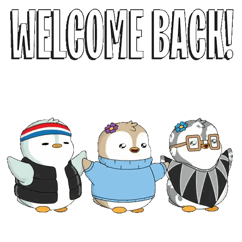 Three Penguins Are Standing Next To Each Other With The Words Welcome Back Behind Them Sticker