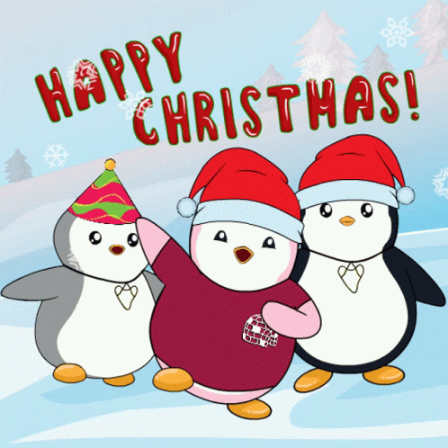 Three Penguins Are Wearing Santa Hats And Sweaters With The Words Happy Christmas Written Above Them GIF