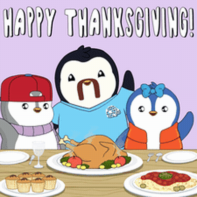Three Penguins At Table With Happy Thanksgiving GIF