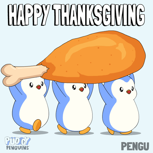 Three Penguins Carrying A Large Chicken Leg With The Words Happy Thanksgiving GIF