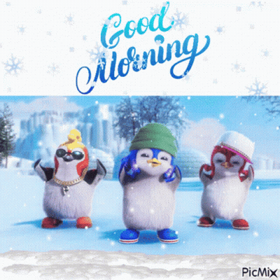 Three Penguins Dancing Saying Good Morning GIF
