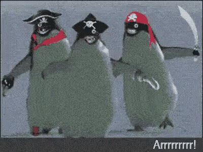 Three Penguins Dressed As Pirates With Swords GIF