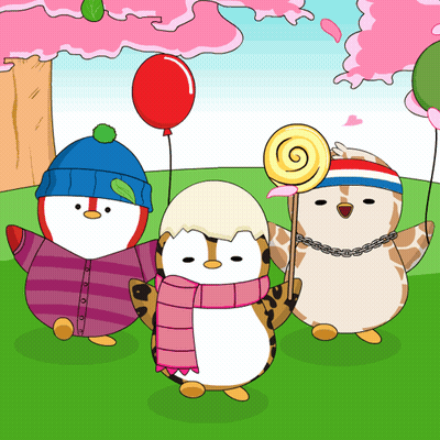 Three Penguins Holding Balloons And Lollipops GIF