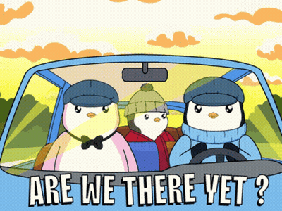 Three Penguins In A Car With The Words " Are We There Yet " On The Bottom GIF