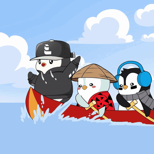 Three Penguins In Canoe One Wearing Headphones GIF