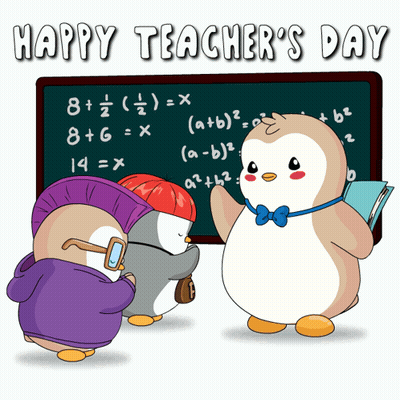 Three Penguins In Front Of Blackboard Happy Teacher's Day GIF