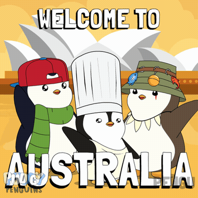 Three Penguins In Hats And Scarves At Opera House Saying Welcome To Australia GIF