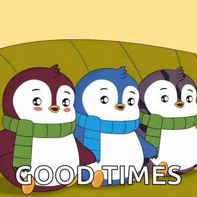 Three Penguins In Scarves Saying Good Times GIF