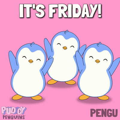Three Penguins On A Pink Background With The Words It 'S Friday Pengu GIF
