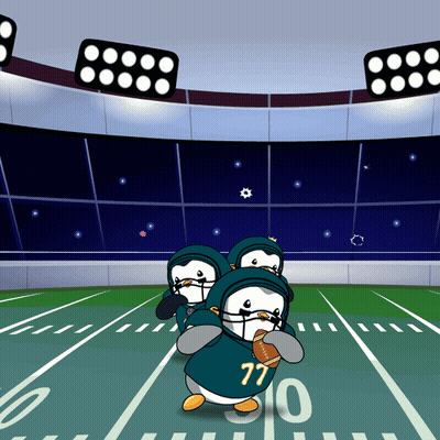 Three Penguins On Football Field With Number 77 GIF
