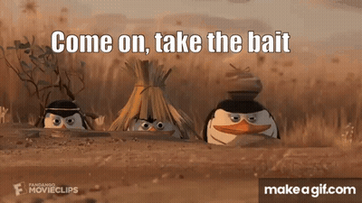 Three Penguins Peeking Out Of A Hole With The Words " Come On Take The Bait " GIF