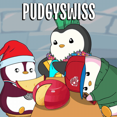 Three Penguins Sitting Around Table Pudgyswiss GIF