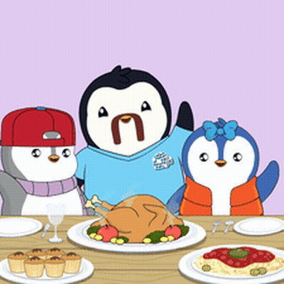 Three Penguins Sitting At Table With Food GIF
