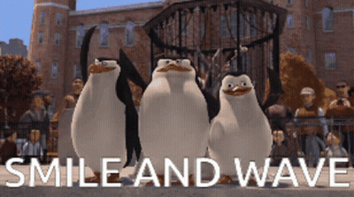 Three Penguins Standing In Front Of Smile And Wave GIF