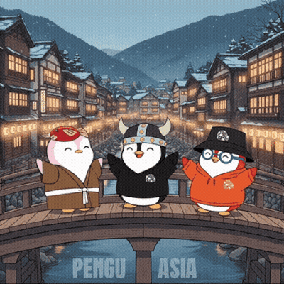 Three Penguins Standing On Bridge Pengu Asia GIF
