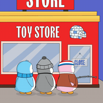 Three Penguins Standing Outside Of A Toy Store GIF
