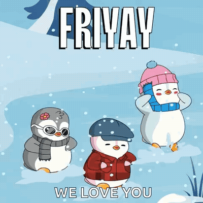 Three Penguins Wearing Hats And Scarves GIF
