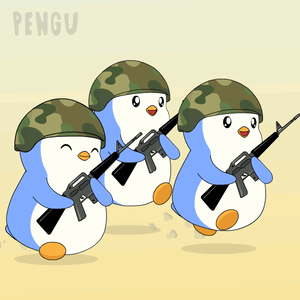 Three Penguins Wearing Helmets And Holding Guns With The Word Pengu In The Background GIF