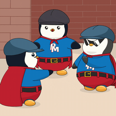 Three Penguins Wearing Rm Shirts Are Standing In A Circle GIF