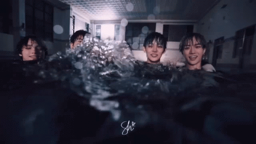 Three People Are Swimming In A Pool With The Letters Sh Visible GIF