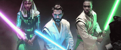 Three People Holding Lightsabers GIF